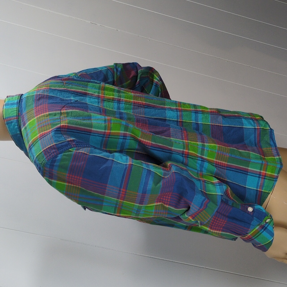 Ralph Lauren Colorful Green & Blue Plaid Snap Button-Up Shirt Large - Picture 9 of 11